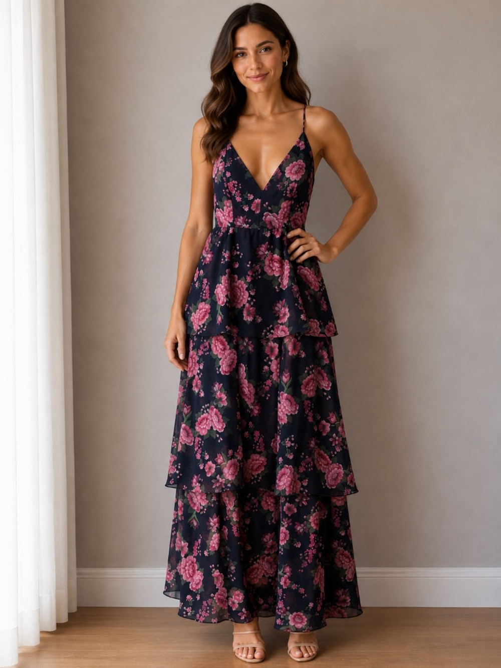 Fame and Partners Pink and Navy Tiered Maxi Dress Size 4